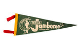 Vintage WWVA Jamboree green felt pennant with musician graphic, yellow trim, and red ties.