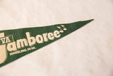 Green felt pennant close-up, highlighting 'Jamboree' text, Wheeling, W.Va., and musical notes.