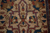 Antique Lilihan Persian rug detail, worn ivory field, indigo, chestnut palmette vinery.