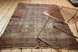 Worn madder root red and indigo blue borders of the antique Malayer rug with tattered edge.