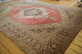 Distressed blush red, navy and sand curvilinear patterns on vintage Persian Tabriz border.