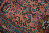 Hand-knotted vintage Persian Lilihan rug pile, intricate raspberry, blue, green floral design.