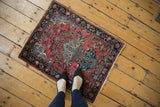 Vintage Mohajeran Sarouk rug, dusty rose tree of life design, navy palmette border, shown with feet.