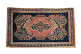 Antique Persian Sampler Senneh rug mat with indigo blue field, blush medallion, scrolling vinery, 1'8