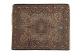 Antique Kerman square rug with ornate medallion, floral field, cochineal red, ivory, dark navy.