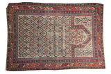 Late 19th century Antique Caucasian rug with allover germinating plant motif, prayer niche, vibrant ivory, red, blue.