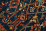 Vintage Borchalou rug Herati motif, low pile texture in navy, blush, and powder blue.