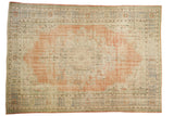 Vintage Distressed Oushak carpet, large scalloped medallion, faded blush and denim blue colors.