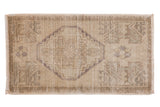 Distressed Oushak rug mat with faded ivory and beige stepped medallion. 1'8