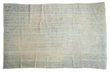 Distressed Oushak carpet, faded beige and ivory rococo medallion with soft blue tones, 6'1