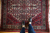 Vintage Bibikabad rug's allover Herati motif in cherry red, ivory, and navy blue.