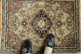 Scalloped medallion and delicate vinery on antique Farahan Sarouk rug, with feet.