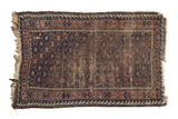 Antique Persian Belouch rug, geometric trellis with starbursts, wave border, navy, coffee brown.