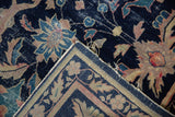 Antique Chinese rug folded corner: navy, beige Persian stylized palmettes, vinery, hand-knotted reverse.