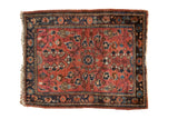 Blush red vintage Sarouk square rug, delicate floral vinery, navy borders, 1'10