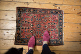 Vintage Sarouk rug with delicate blush and navy floral vinery, showcasing its low pile and feet.