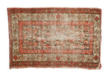 Antique Hamadan rug mat, allover trellis floral pattern in red, charcoal, and ivory, with mostly even wear.
