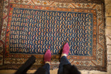 Antique Hamadan rug with allover Mahi Mahi pattern on navy field, geometric vine border.