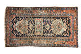 Vintage Hamadan rug with navy, rust, ivory floral and shrimp motifs, low pile. 2'7