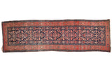 Antique Malayer runner, navy field with allover Herati motif and wide blush ruby border.