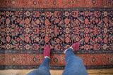 Hand-knotted antique Malayer runner, showing navy field Herati pattern and wide blush main border.