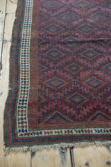 Belouch rug corner with unusual plant motifs, triple stripe border, tattered fringe.