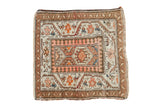 Vintage Malayer square rug with paneled medallions, pawn border, ivory, pink, brown, blue.