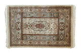 Vintage Tabatabaie Tabriz rug mat, oblong medallion, Rococo vinery, ivory, blue, raspberry. 2x3.