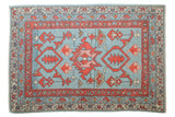 New Oushak rug, powder blue, madder red splayed palmette medallion, primitive blossoms.