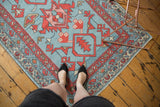 New Oushak rug corner, faded blue field, red turtle motifs and boteh border.