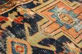 Antique Karaja runner, navy, burnt orange, cherry red geometric pattern, visible foundation.