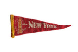Vintage New York City red felt pennant, white 'NEW YORK' text, Empire State Building graphic.