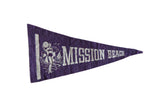 Vintage Mission Beach felt pennant, purple with white beach woman and sailboat graphic, 5x9.