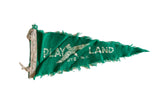 Vintage Rye Play Land felt flag pennant, green with white lettering and frayed edges.