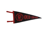 Vintage Old Guard YMCA felt pennant in black with red lettering and Warrior emblem.