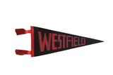 Vintage Westfield felt pennant in black with bold capitalized red lettering.