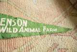 Vintage Benson Wild Animal Farm felt pennant, green with white lettering, on a woven rug.