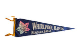 Vintage Whirlpool Rapids Niagara Falls blue felt pennant with a Canadian maple leaf graphic.