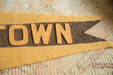 Pointed end of vintage felt pennant, showing faded orange letters adhered to brown felt.