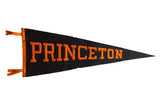Vintage Princeton felt flag pennant, black with orange block lettering and ties, 10x28 inches.