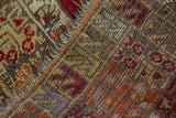 Hand-knotted texture, time-softened colors, and visible tatter on a vintage Melas rug.