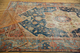 Antique Farahan Sarouk carpet corner, navy vinery, wide terra cotta meandering border, mostly even wear.