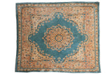 Vintage Kerman Square Rug with sky blue medallion, trefoil finials, ivory and peach floral field, 4x4'10