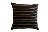 Black velvet stripe throw pillow, chenille texture, horizontal white stripes.