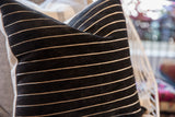 Plush black chenille velvet with neat light horizontal stripes.