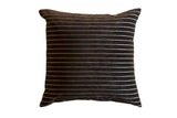 Black chenille velvet pillow with horizontal white stripes, 24x24 inches.