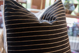 Black velvet stripe pillow, soft chenille texture, crisp white horizontal stripes, linen edge.