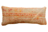 Reclaimed Vintage Turkish Rug Fragment Lumbar Pillow, muted orange and gold geometric pattern, distressed pile.