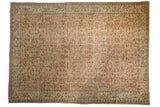 Distressed vintage Oushak carpet, allover scrolling vinery in soft apricot peach and mint tones, 7'4