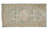 Distressed Vintage Oushak rug, seafoam green, antique ivory, scalloped medallion, 2'4